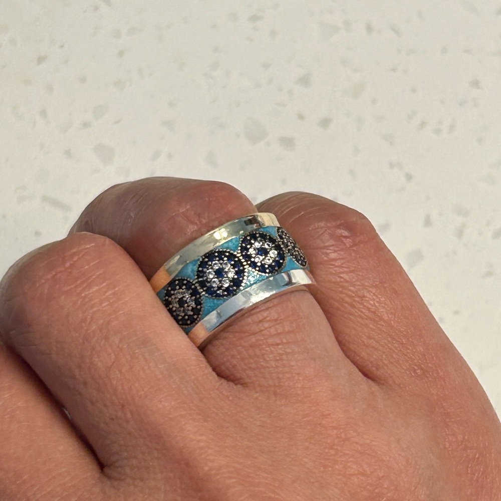 Turkish Jewelry Blue Enamel Evil Eye Sapphire Topaz Sterling Silver Ring